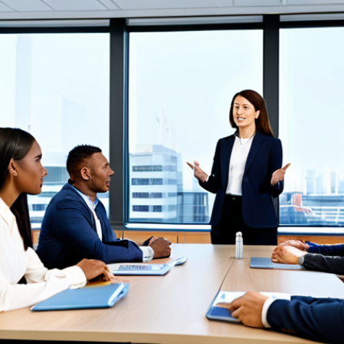 A diverse group of professional business individuals, fully clothed in modest, appropriate attire, engaging in a collaborative meeting in a modern, well-lit global corporate office. They are seated around a sleek conference table, actively listening and discussing, demonstrating mutual respect and understanding across cultural backgrounds. The atmosphere is professional and focused, with digital displays showing project data in the background. Perfect anatomy, correct proportions, natural poses, well-formed hands, proper finger count. Professional photography, high quality, safe for work, appropriate content, family-friendly.