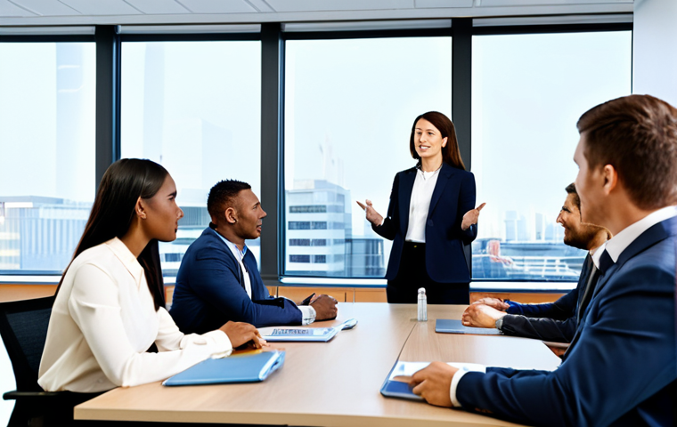 A diverse group of professional business individuals, fully clothed in modest, appropriate attire, engaging in a collaborative meeting in a modern, well-lit global corporate office. They are seated around a sleek conference table, actively listening and discussing, demonstrating mutual respect and understanding across cultural backgrounds. The atmosphere is professional and focused, with digital displays showing project data in the background. Perfect anatomy, correct proportions, natural poses, well-formed hands, proper finger count. Professional photography, high quality, safe for work, appropriate content, family-friendly.