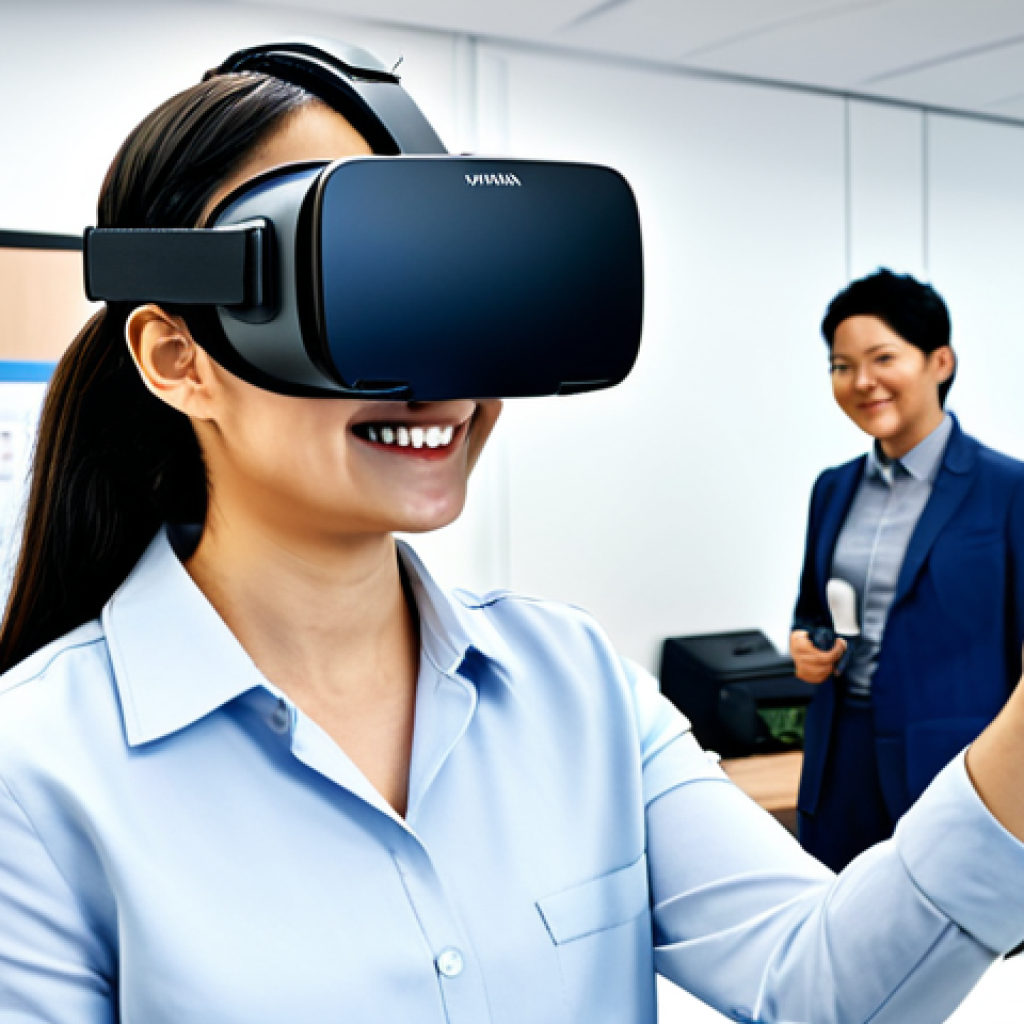 VR異文化体験 (VR I-bunka Taiken - VR Cross-cultural Experience)**

A fully clothed professional is wearing a VR headset, standing in a brightly lit office space. The VR headset displays a scene of a bustling marketplace in a foreign country. She is smiling and appears engaged with the experience. Her posture indicates learning and interest. Background shows diverse colleagues working collaboratively. Safe for work, appropriate content, fully clothed, professional, modest, family-friendly, perfect anatomy, correct proportions, natural pose, well-formed hands, proper finger count, natural body proportions, high quality rendering.

**