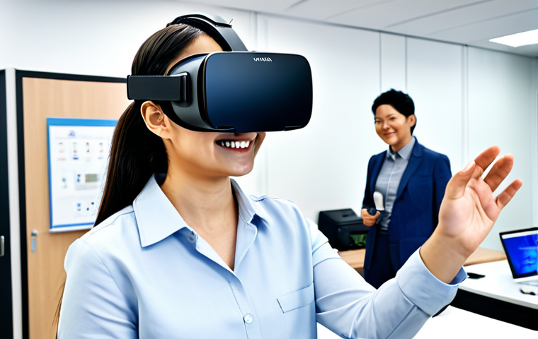 VR異文化体験 (VR I-bunka Taiken - VR Cross-cultural Experience)**

A fully clothed professional is wearing a VR headset, standing in a brightly lit office space. The VR headset displays a scene of a bustling marketplace in a foreign country. She is smiling and appears engaged with the experience. Her posture indicates learning and interest. Background shows diverse colleagues working collaboratively. Safe for work, appropriate content, fully clothed, professional, modest, family-friendly, perfect anatomy, correct proportions, natural pose, well-formed hands, proper finger count, natural body proportions, high quality rendering.

**