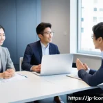 국제커뮤니케이션 글로벌 트렌드 - A diverse international business meeting scene in a modern office, featuring professionals from Japa...