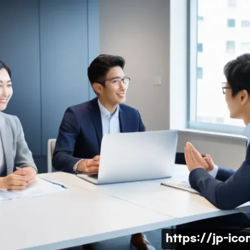 국제커뮤니케이션 글로벌 트렌드 - A diverse international business meeting scene in a modern office, featuring professionals from Japa...