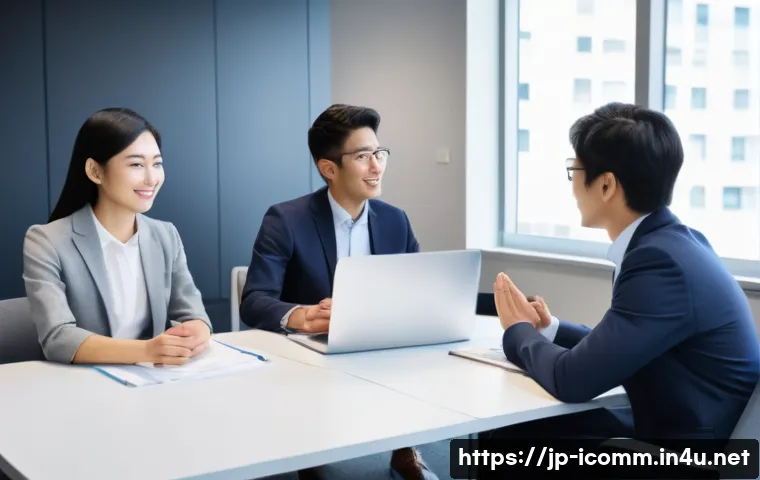 국제커뮤니케이션 글로벌 트렌드 - A diverse international business meeting scene in a modern office, featuring professionals from Japa...
