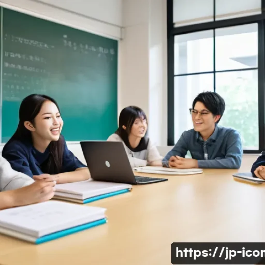 국제커뮤니케이션 전공 필수 과목 - A diverse group of young Japanese university students engaged in a lively intercultural communicatio...