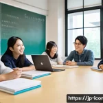 국제커뮤니케이션 전공 필수 과목 - A diverse group of young Japanese university students engaged in a lively intercultural communicatio...