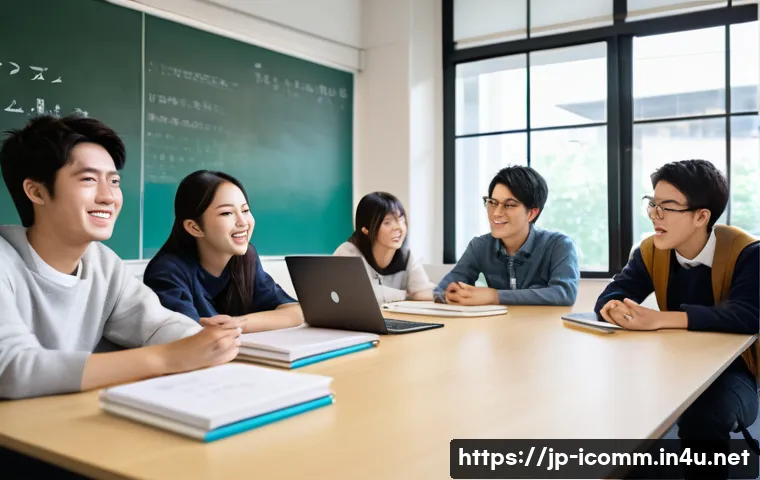 국제커뮤니케이션 전공 필수 과목 - A diverse group of young Japanese university students engaged in a lively intercultural communicatio...
