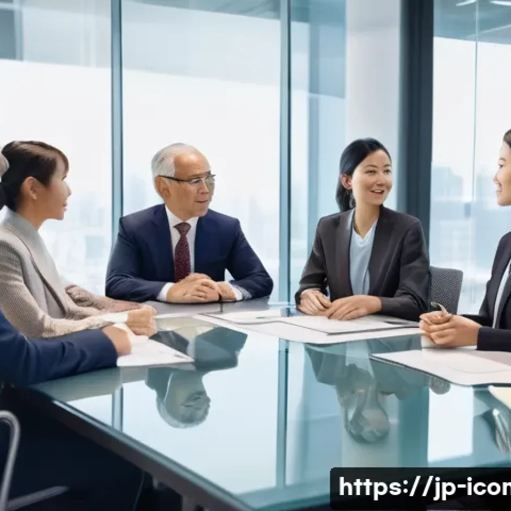 국제커뮤니케이션 전문 자격과 취업 - A diverse international business meeting scene featuring professionals from various cultural backgro...