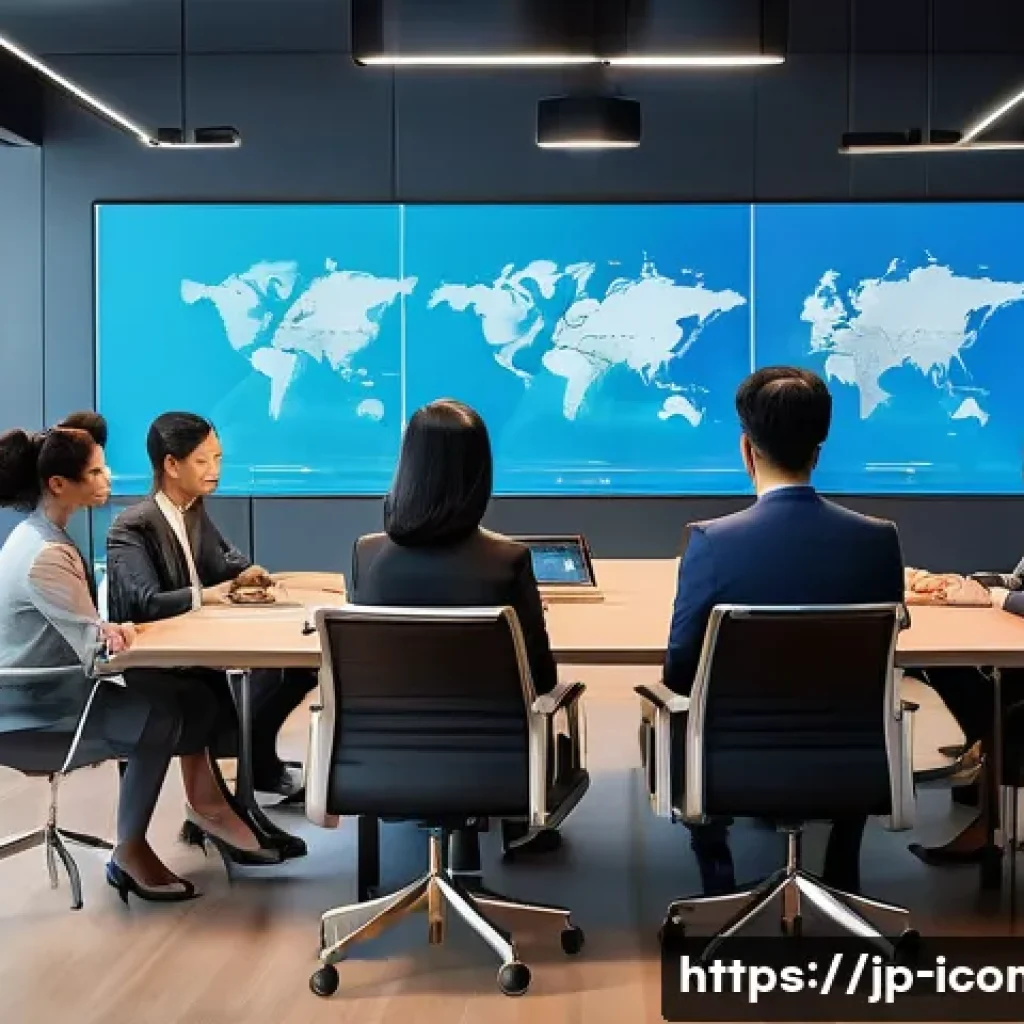 국제커뮤니케이션 전략적 커뮤니케이션 - A modern international business meeting scene featuring diverse professionals from Asia, Europe, and...