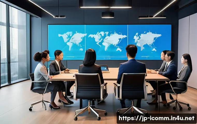 국제커뮤니케이션 전략적 커뮤니케이션 - A modern international business meeting scene featuring diverse professionals from Asia, Europe, and...