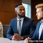 국제커뮤니케이션 실무 직무 소개 - A diverse international business meeting scene in a modern conference room, featuring professionals ...