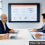 국제커뮤니케이션 업무에서의 리더십 - A diverse international business team engaged in a lively meeting around a large conference table, s...
