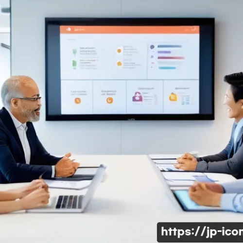 국제커뮤니케이션 업무에서의 리더십 - A diverse international business team engaged in a lively meeting around a large conference table, s...