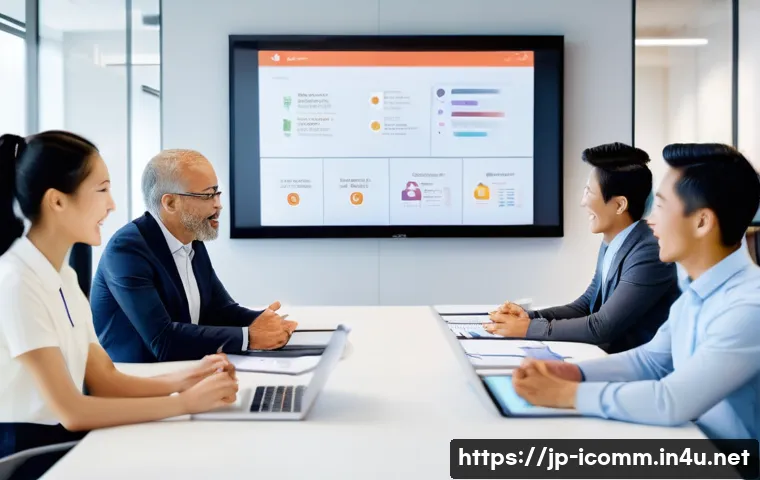국제커뮤니케이션 업무에서의 리더십 - A diverse international business team engaged in a lively meeting around a large conference table, s...