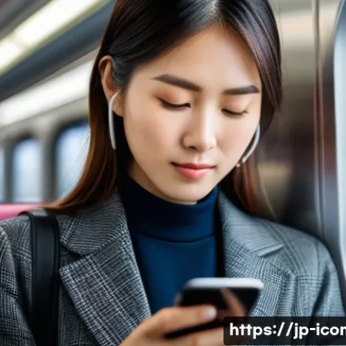 국제커뮤니케이션 자격 시험 준비 과정 - A modern Japanese woman studying language on her smartphone during a morning commute on a train, wea...