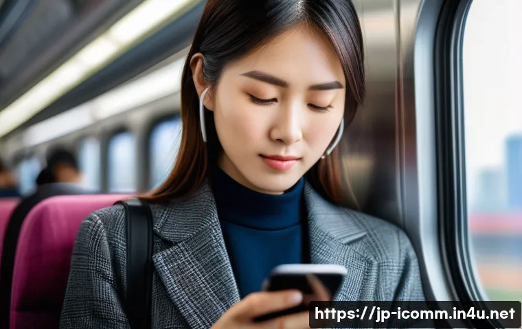 국제커뮤니케이션 자격 시험 준비 과정 - A modern Japanese woman studying language on her smartphone during a morning commute on a train, wea...
